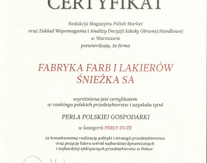 Fabryka Farb i Lakierów Śnieżka SA po raz kolejny uznana za „Perłę Polskiej Gospodarki”