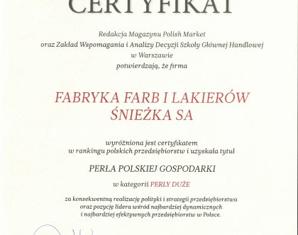 Fabryka Farb i Lakierów Śnieżka SA po raz kolejny uznana za „Perłę Polskiej Gospodarki”