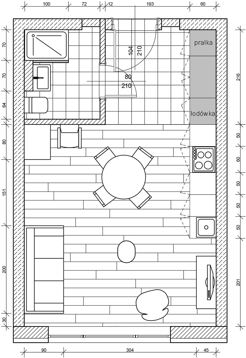 Plan kawalerki urządzonej w stylu boho