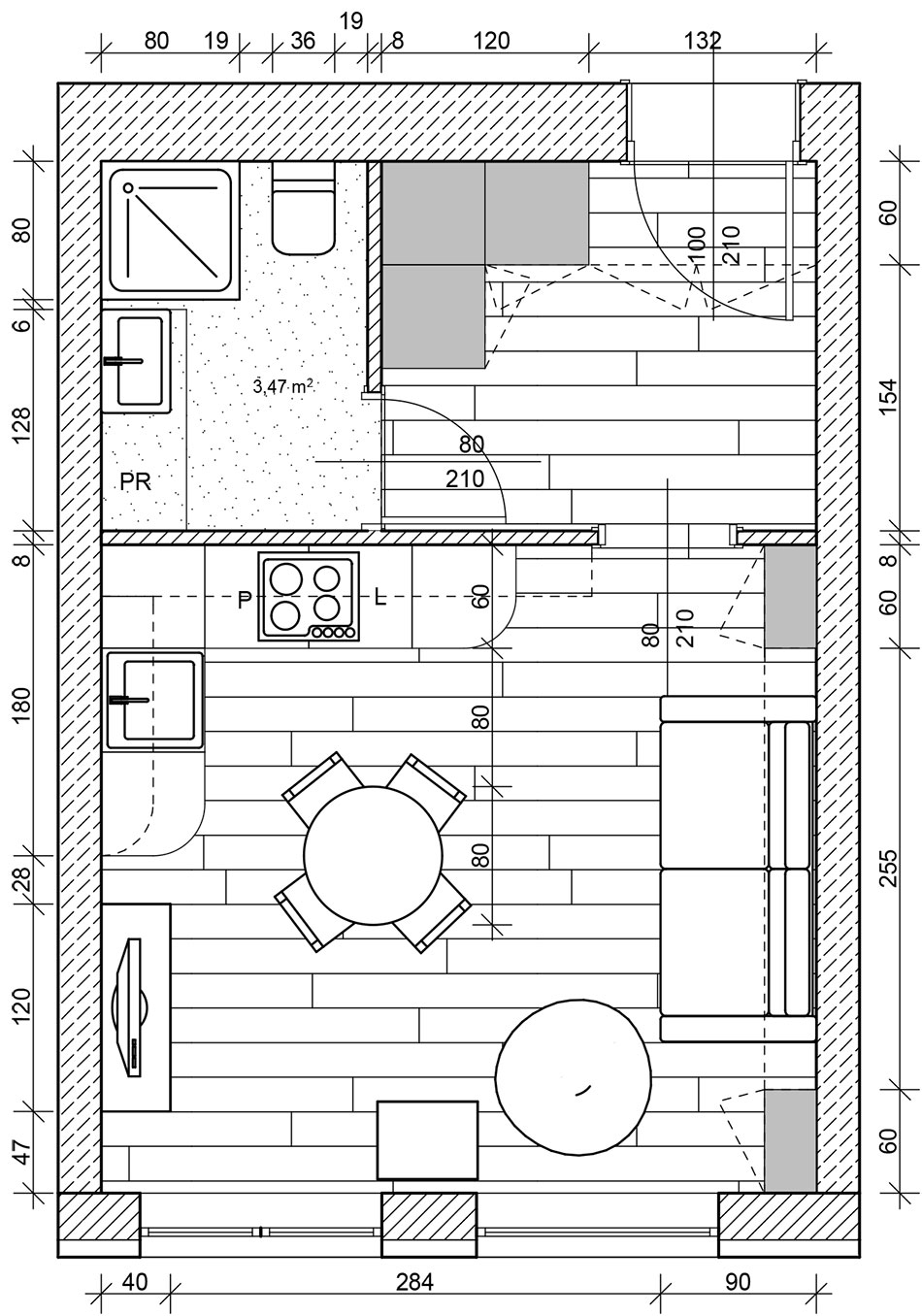 Plan apartamentu w stylu lat 70.