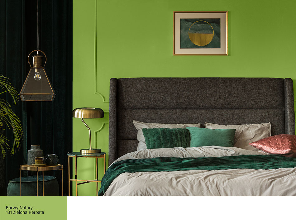 Eklektyczna zielona sypialnia