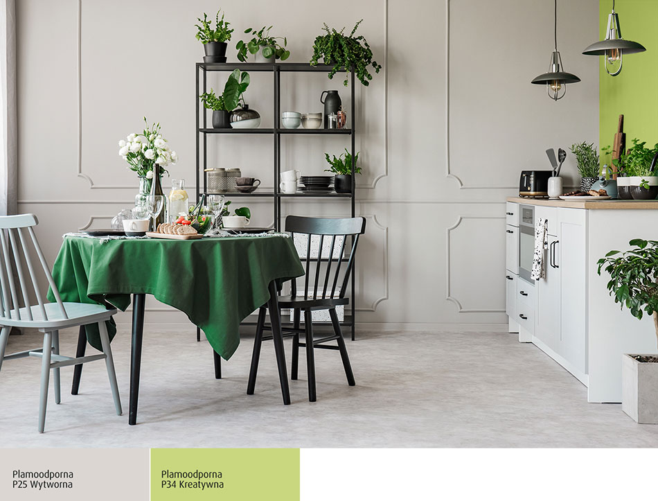 Kuchnia otwarta na salon w odcieniach zieleni